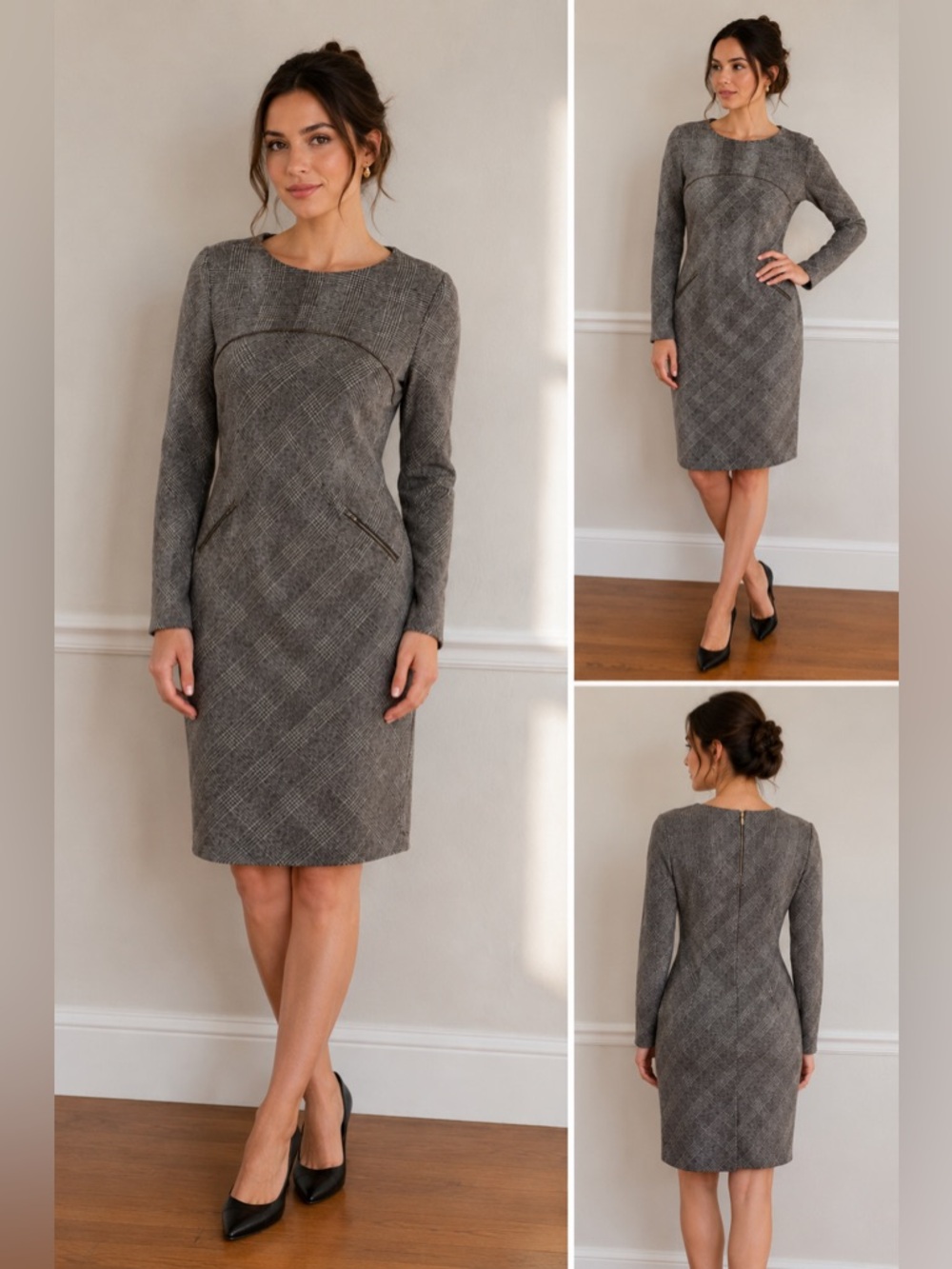 Peruvian Connection Brown Plaid Wool Blend Sheath Dress